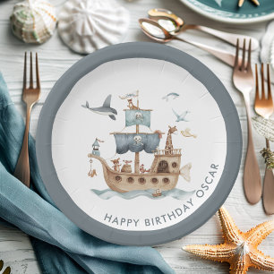 Piratenschiff mit Party "Tiere Kinder" Pappteller
