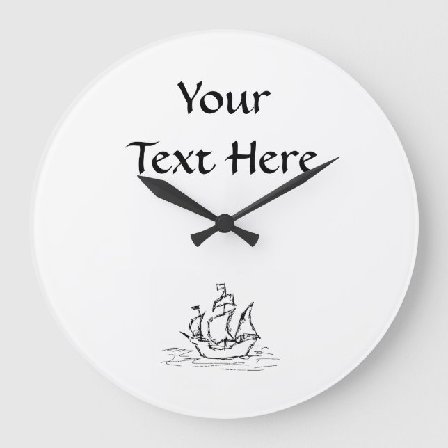 Piratenschiff. Schwarz und Weiß. Große Wanduhr (Vorderseite)