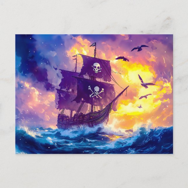 Piratenschiff Segelfahrt in den Sonnenuntergang au Postkarte (Vorderseite)