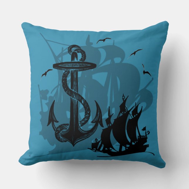 Piratenschiff und Anchor Schwarze Silhouette Kissen (Vorderseite)