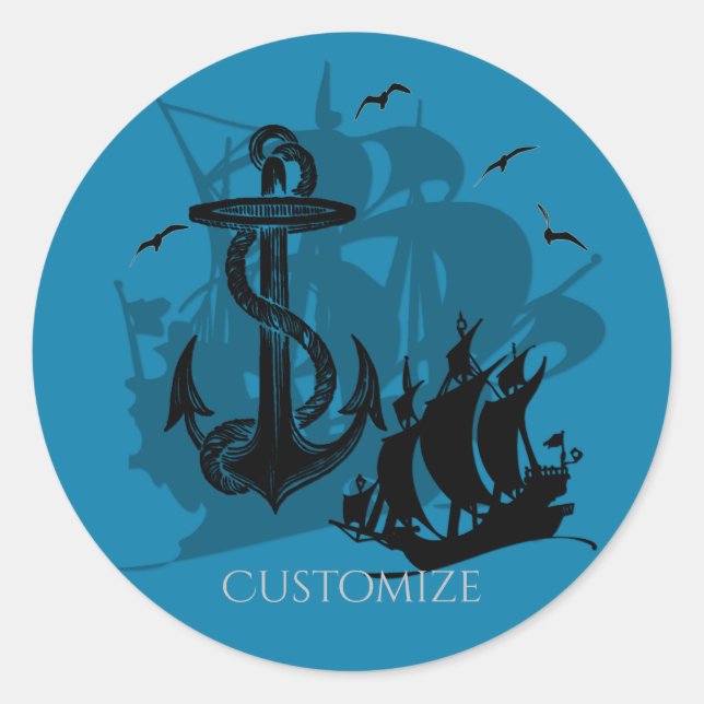 Piratenschiff und Anker Schwarze Silhouette 2 Runder Aufkleber (Vorderseite)