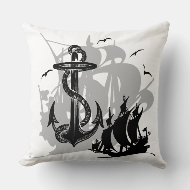 Piratenschiff und Anker Schwarze Silhouette Kopfki Kissen (Vorderseite)
