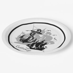 Piratenschiff und Anker Schwarze Silhouette Papier Pappteller
