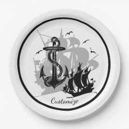 Piratenschiff und Anker Schwarze Silhouette Papier Pappteller