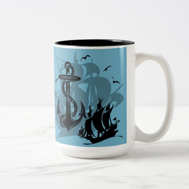 Piratenschiff und Anker Schwarze Silhouette Tasse  (Rechts)