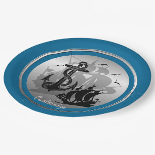 Piratenschiff und Anker Schwarze Silhouette Teller