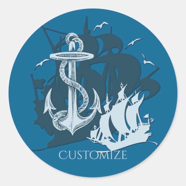 Piratenschiff und Ankerkleber für die weiße Silhou Runder Aufkleber (Vorderseite)