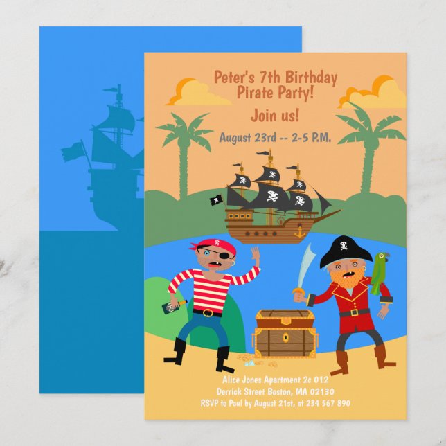 Piratenschiff und Schatz Geburtstagspartei Einladung (Vorne/Hinten)