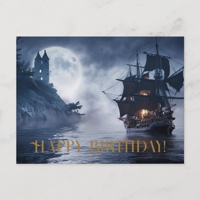 Piratenschiff und Schloss Glückwunsch Geburtstag Postkarte (Vorderseite)