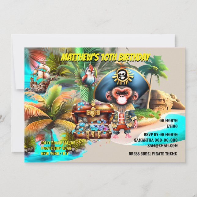 Piratentheater Geburtstag | Kapitän-Affenvogelinse Einladung (Vorderseite)