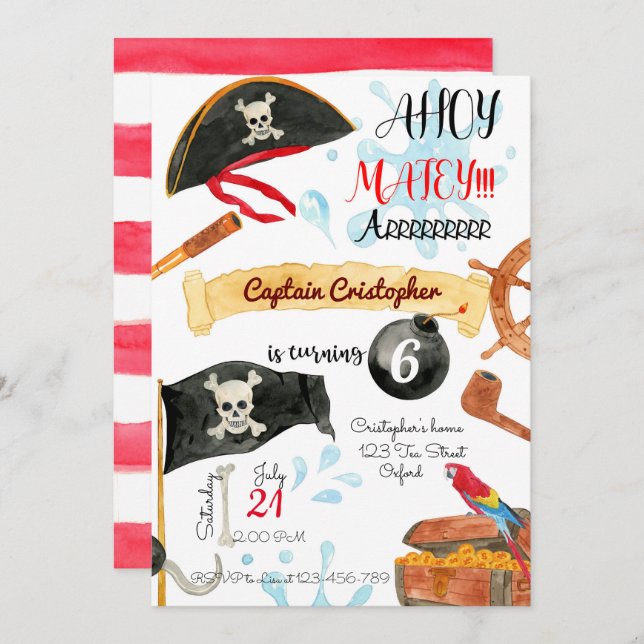 Pirates Birthday Invitation, Pirates Invitation (Devant / Derrière)