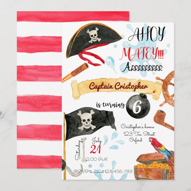Pirates Birthday Invitation, Pirates Invitation, Einladung (Vorne/Hinten)