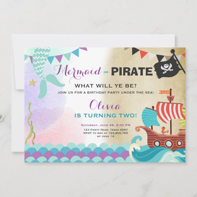 Pirates et sirènes invitation d'anniversaire Fille (Devant)