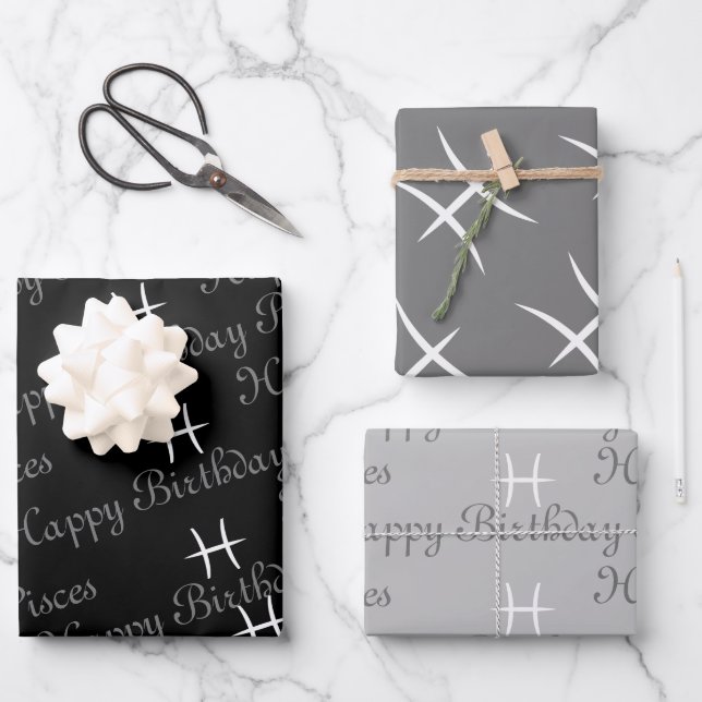 Pisces Birthday Grau/Schwarz Geschenkpapier Set (Vorderseite)