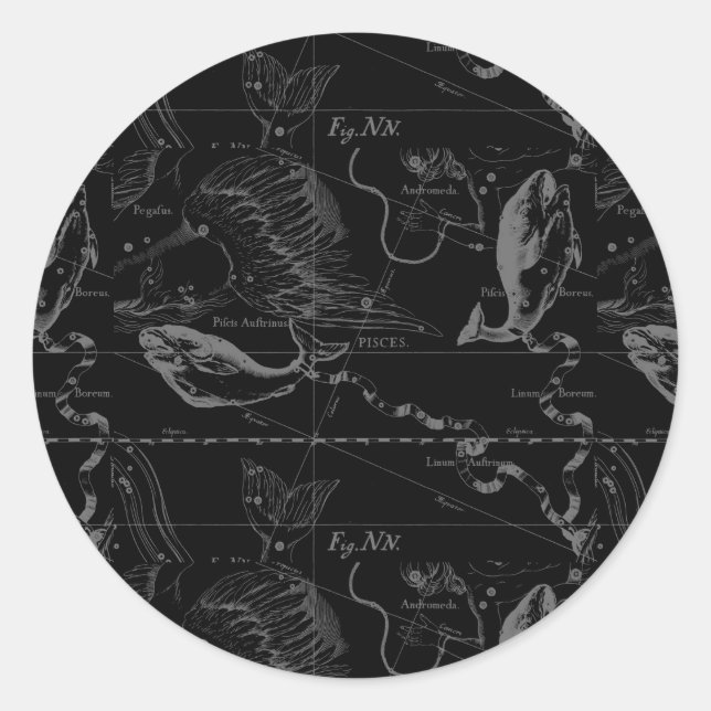 Pisces Constellation Hevelius 1690 auf Schwarz Runder Aufkleber (Vorderseite)