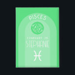 Pisces Custom Birthday Zodiac - Modernes Design Button<br><div class="desc">Personalisieren Sie diese Schaltfläche mit einem Geburtstag und Namen. Ein maßgeschneidertes Design mit dem Tierkreiszeichen - Pisces - plus Persönlichkeitsmerkmalen, Information und Konstellation. Personalisieren Sie diese Geburtstagskandle mit einem Geburtstag und Namen. Ein individuelles Geburtstagsdesign mit dem Tierkreiszeichen - Pisces - plus Persönlichkeitsmerkmalen, Informationen und Konstellation. Eine mystische hellgrüne und aquamarine...</div>