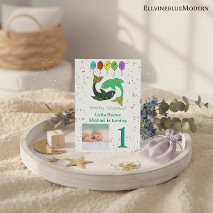 Pisces First Birthday Gold, Balloons & Foto Einladung