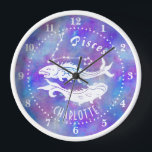 Pisces Fish Constellation Stars Name Birthday Gift Uhr<br><div class="desc">This fun wall clock makes the perfect gift for anyone born under the zodiac sign Pisces. It inklusive two vintage fish plus the constellation and space for the birthday person person name, all in white on purple-pink starry background. Just use the easy template to add your personalized name. DESIGN TIP:...</div>