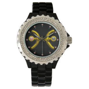 PISCES GOLD ZODIAC BIRTHDAY JEWEL, schwarz Armbanduhr