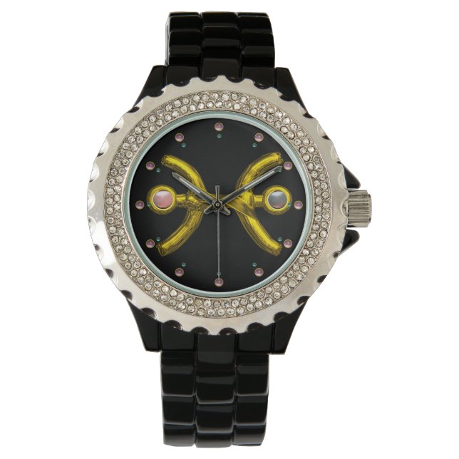 PISCES GOLD ZODIAC BIRTHDAY JEWEL, schwarz Armbanduhr (Vorderseite)