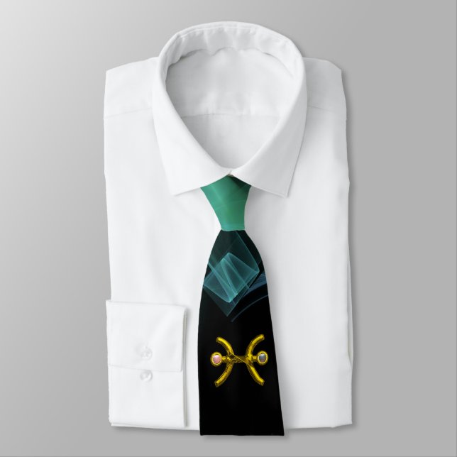 PISCES GOLD ZODIAC SIGN,BLAUE GREEN FRAKTAL WIRBEL KRAWATTE (Gebunden)