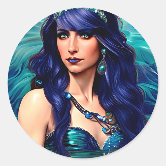 Pisces Mermaid Queen Original Fantasy Art Runder Aufkleber (Vorderseite)