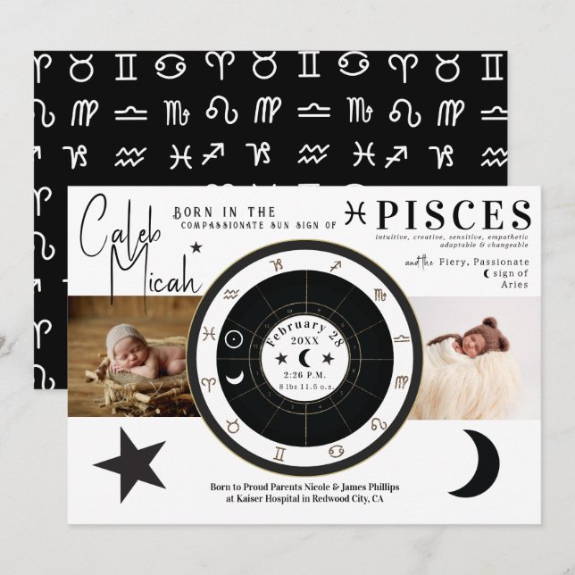 Pisces Sun & Moon Sign Zodiac Geburtsankündigung Einladung (Vorne/Hinten)