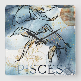 Pisces twin fish zodiac black gold flowers planets quadratische wanduhr