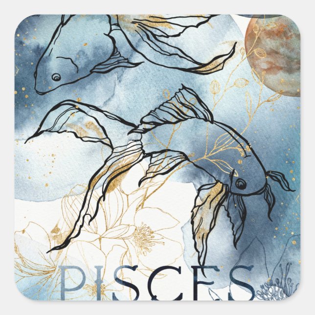 Pisces twin fish zodiac black gold flowers planets quadratischer aufkleber (Vorderseite)