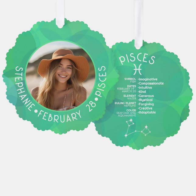 Pisces Zodiac Astrologie Foto Custom Birthdate Ornament Karte (Vorderseite/Rückseite)