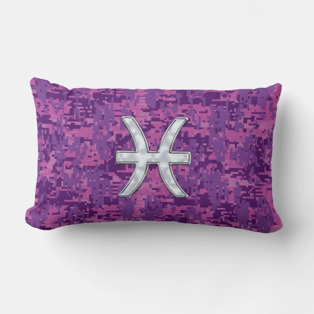 Pisces Zodiac auf Fuchsia Pink Digital Camouflage Lendenkissen (Vorderseite)