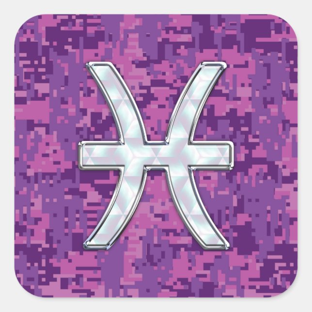 Pisces Zodiac auf Fuchsia Pink Digital Camouflage Quadratischer Aufkleber (Vorderseite)