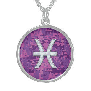 Pisces Zodiac auf Fuchsia Pink Digital Camouflage Sterling Silberkette