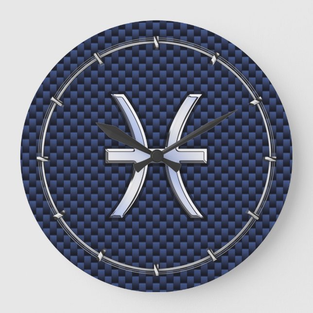 Pisces Zodiac on Blue Carbon Fiber Print Große Wanduhr (Vorderseite)