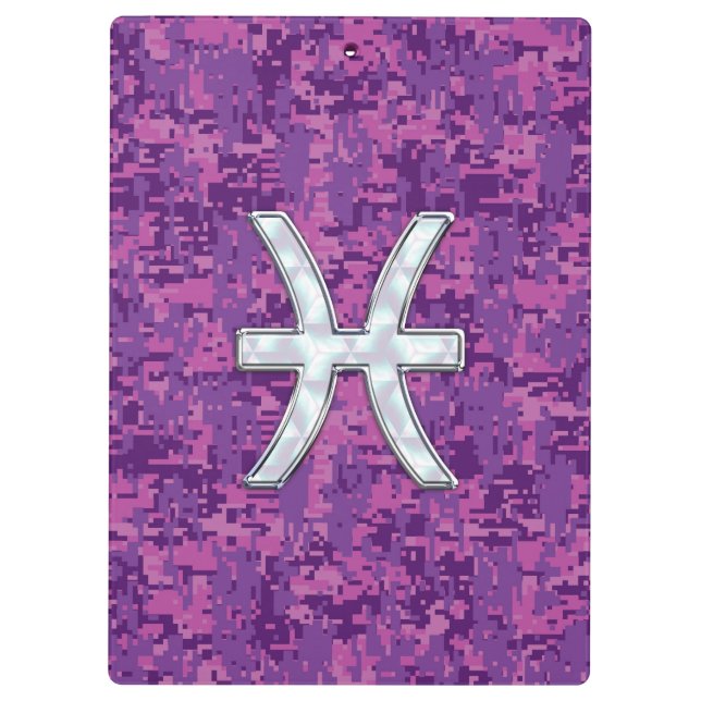 Pisces Zodiac Sign auf Fuchsia Digital Camouflage Klemmbrett (Rückseite)
