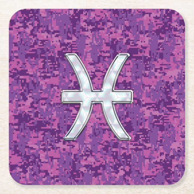 Pisces Zodiac Sign auf Fuchsia Digital Camouflage Rechteckiger Pappuntersetzer (Vorderseite)
