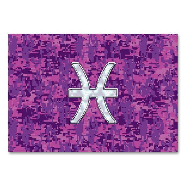 Pisces Zodiac Sign auf Fuchsia Digital Camouflage Tischnummer (Vorderseite)