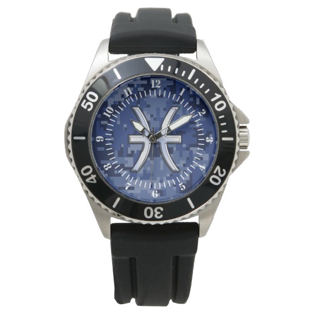 Pisces Zodiac Sign auf Navy Blue Digital Camouflag Armbanduhr (Vorderseite)