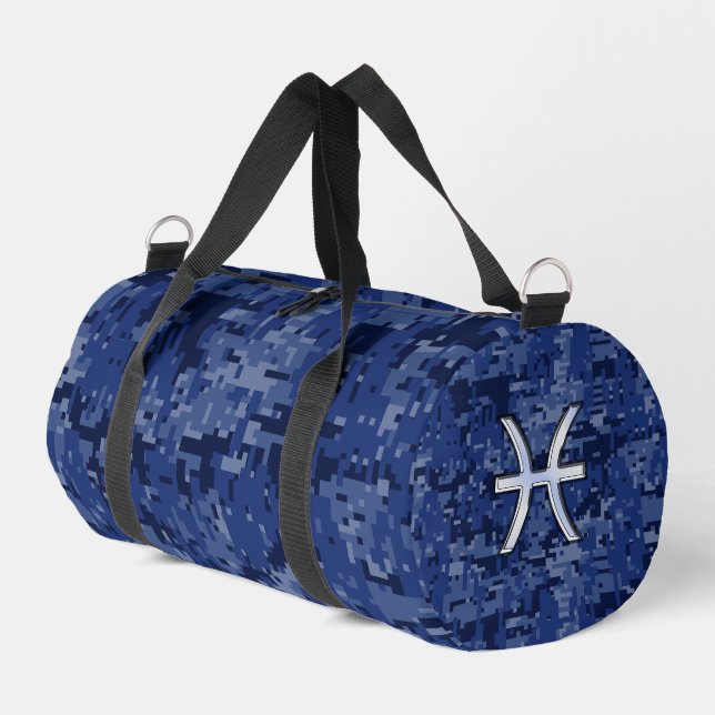 Pisces Zodiac Sign auf Navy Blue Digital Camouflag Duffle Bag (Linke Seite)