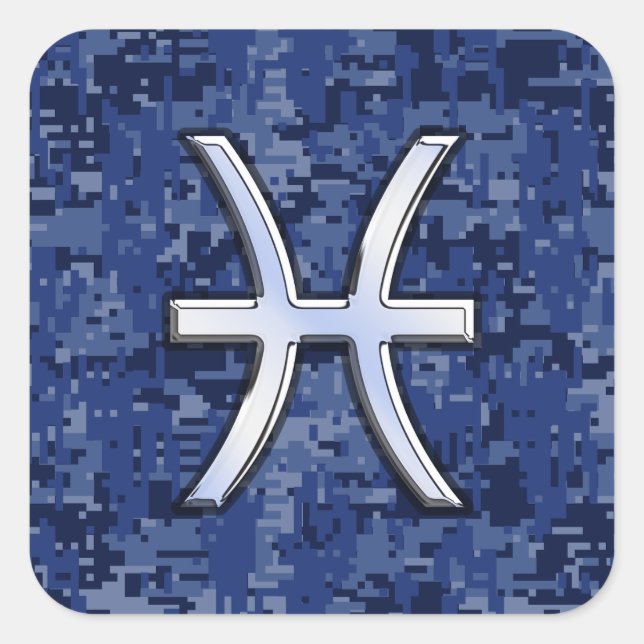 Pisces Zodiac Sign auf Navy Blue Digital Camouflag Quadratischer Aufkleber (Vorderseite)