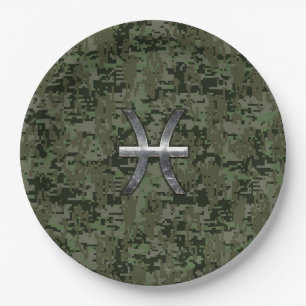 Pisces Zodiac Sign auf Woodland Digital Camouflage Pappteller