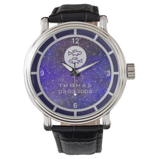 Pisces Zodiac Sign Eleganter Individuelle Name Dar Armbanduhr (Vorderseite)