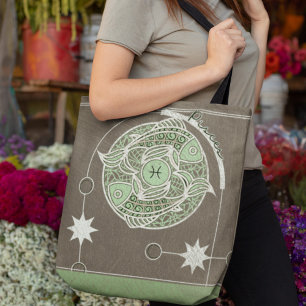 Pisces Zodiac Sign Green und Gray Mandala Tasche