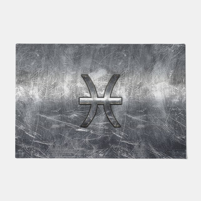 Pisces Zodiac Sign in Grunge Silver Steel Style Fußmatte (Vorderseite)