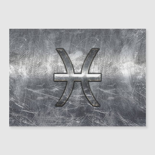 Pisces Zodiac Sign in Grunge Silver Steel Style Magnetkarte (Vorderseite)