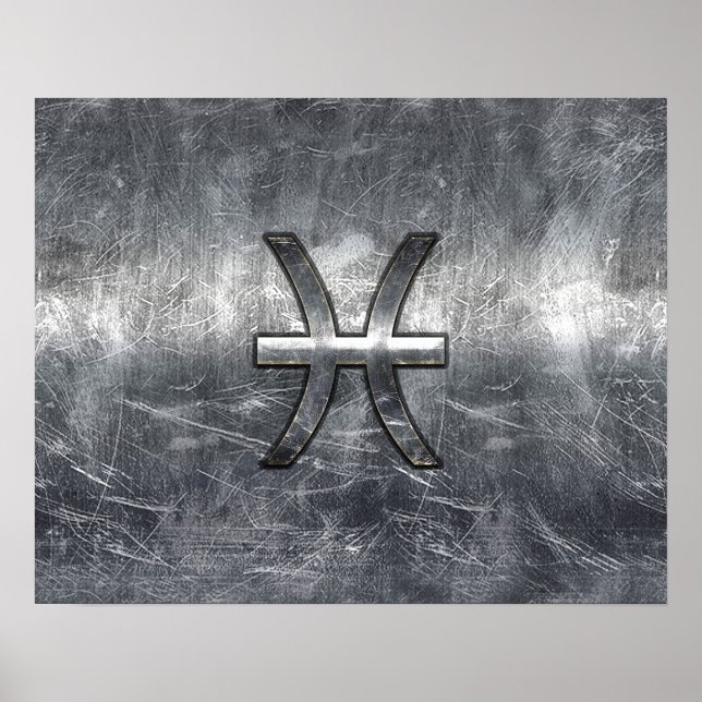 Pisces Zodiac Sign in Grunge-Stahlindustrie Druck Poster (Vorne)