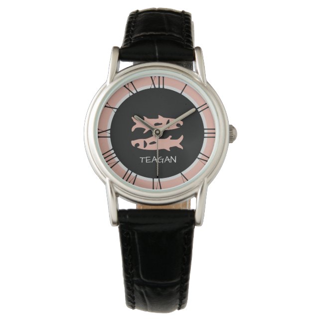 Pisces Zodiac Sign Rose Pink Grau Individuelle Nam Armbanduhr (Vorderseite)
