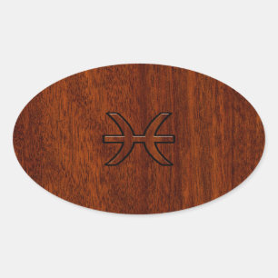 Pisces Zodiac Signierung im Mahagoni-Holzstil Ovaler Aufkleber