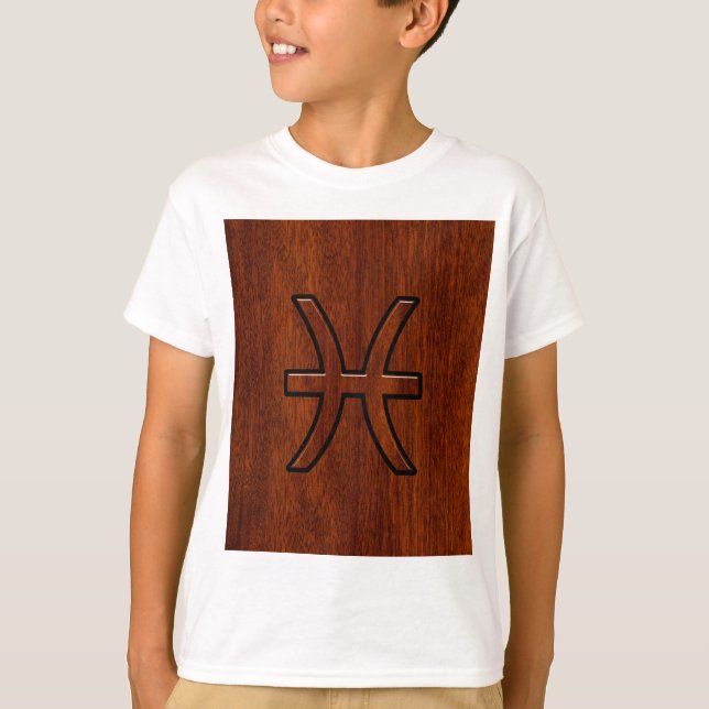 Pisces Zodiac Signierung im Mahagoni-Holzstil T-Shirt (Vorderseite)