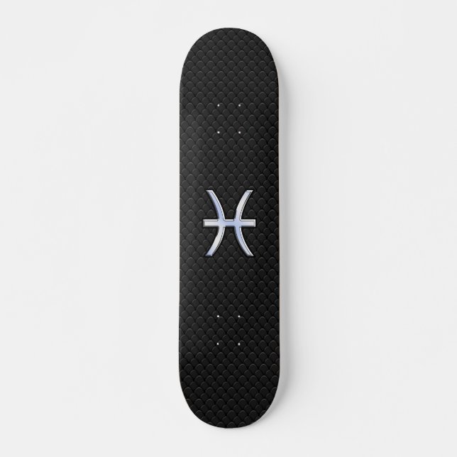 Pisces Zodiac Symbol auf Black Snake Skin Style Skateboard (Vorne)